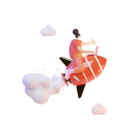 Illustration of a person riding a small rocket with clouds around, symbolising growth or fast progress.