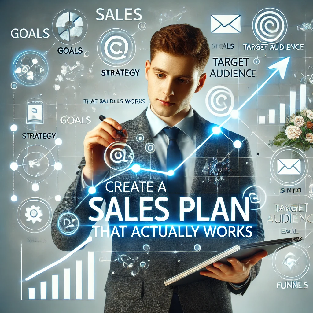 Young professional creating a digital sales plan with icons representing goals, strategy, target audience, and marketing funnels.