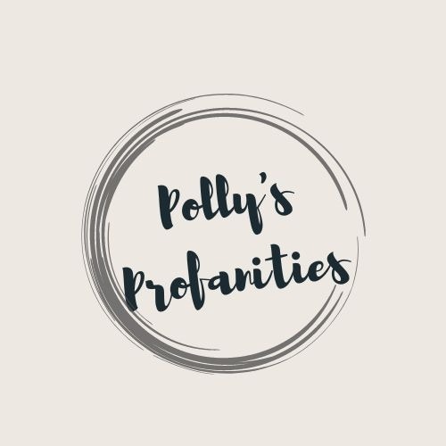 Minimalist logo for “Polly’s Profanities” featuring handwritten text inside a rough circular brushstroke.