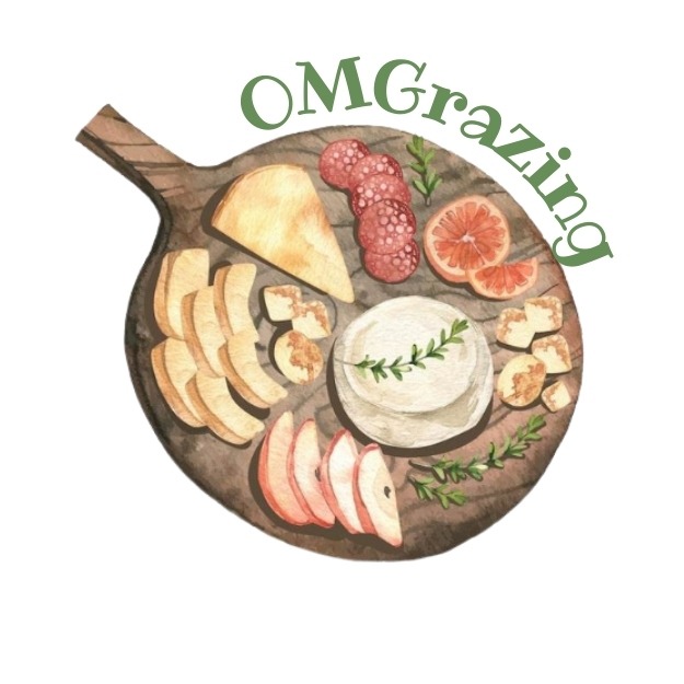 Watercolour-style logo of a charcuterie board with meats, cheeses, and fruit, featuring the brand name “OMGrazing.”