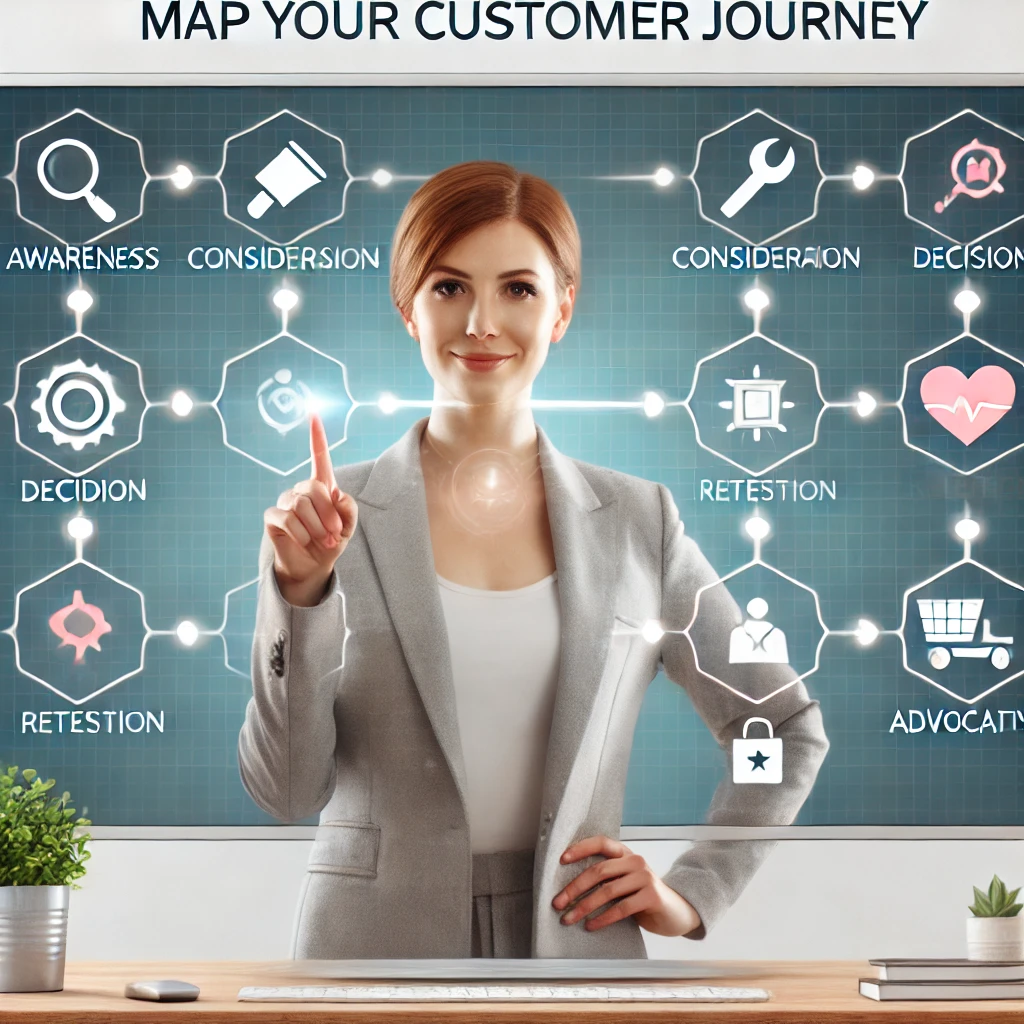 Businesswoman mapping customer journey on a virtual interface with key stages like awareness, consideration, decision, retention, and advocacy.