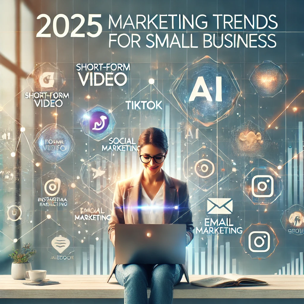 Woman using a laptop surrounded by futuristic icons representing 2025 small business marketing trends like AI, TikTok, social marketing, and short-form video.