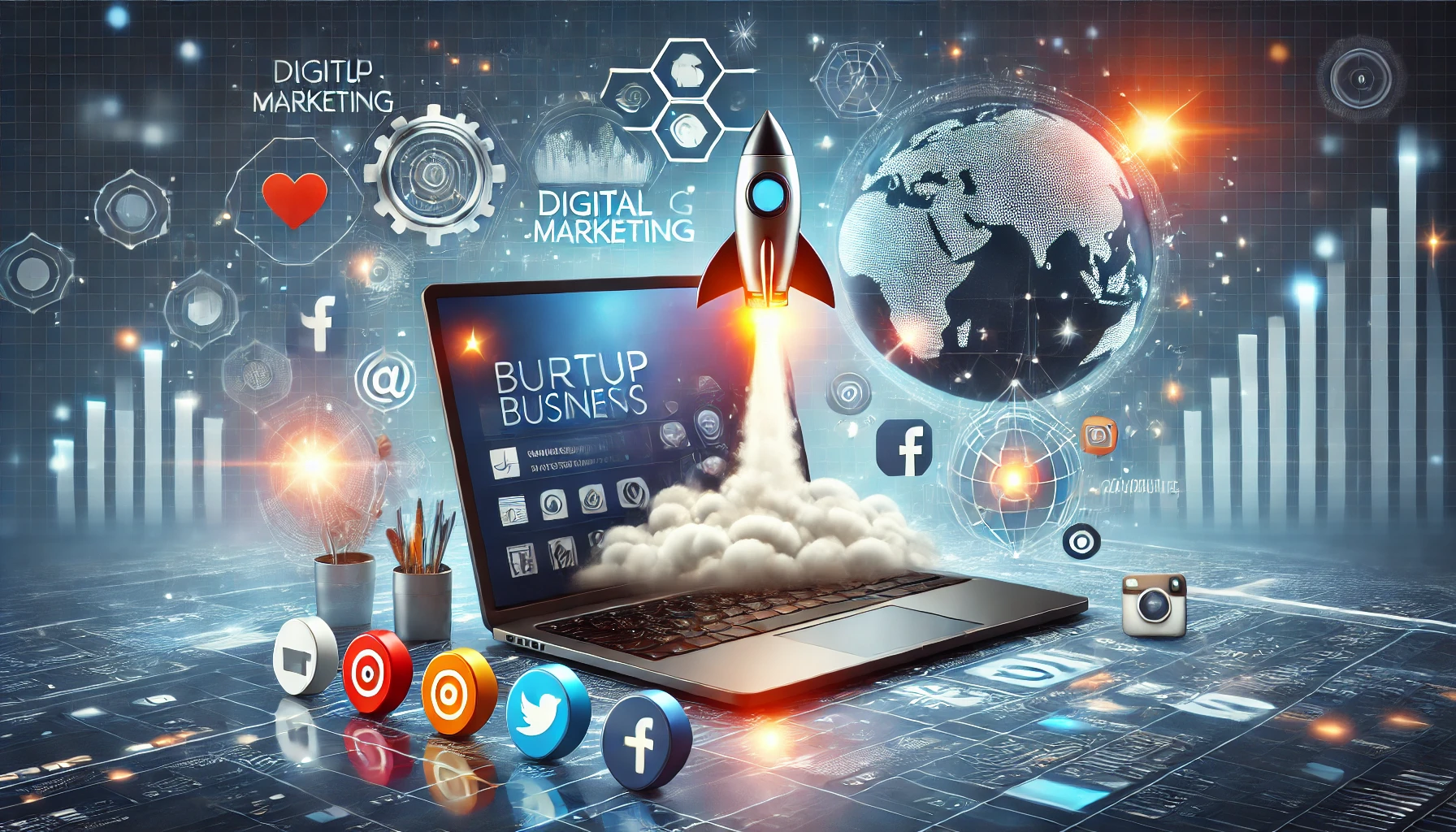 Laptop launching rocket with digital marketing icons and charts — startup business concept