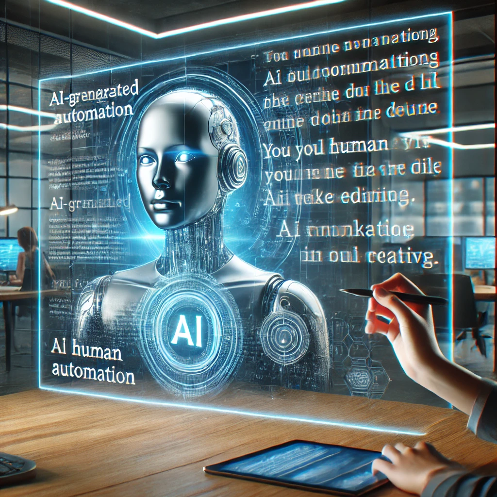 Futuristic digital workspace with a holographic screen displaying AI-generated content. A human hand uses a stylus to interact with a humanoid AI interface.