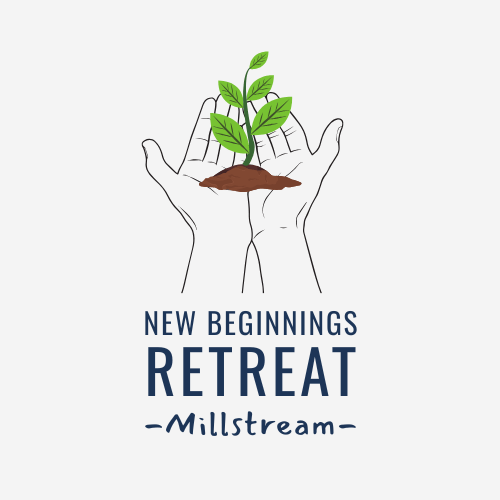 New Beginnings Retreat Millstream logo with open hands cradling a green seedling above the retreat name in navy blue text.