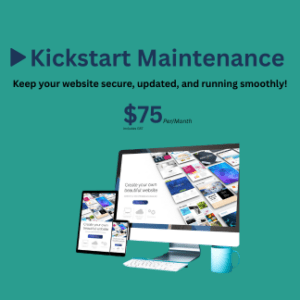Kickstart website maintenance plan graphic showing $75/month price and multiple digital devices.