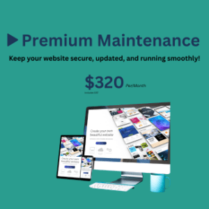 Premium website maintenance graphic showing desktop, tablet, and mobile device mockups with a $320/month pricing tag.
