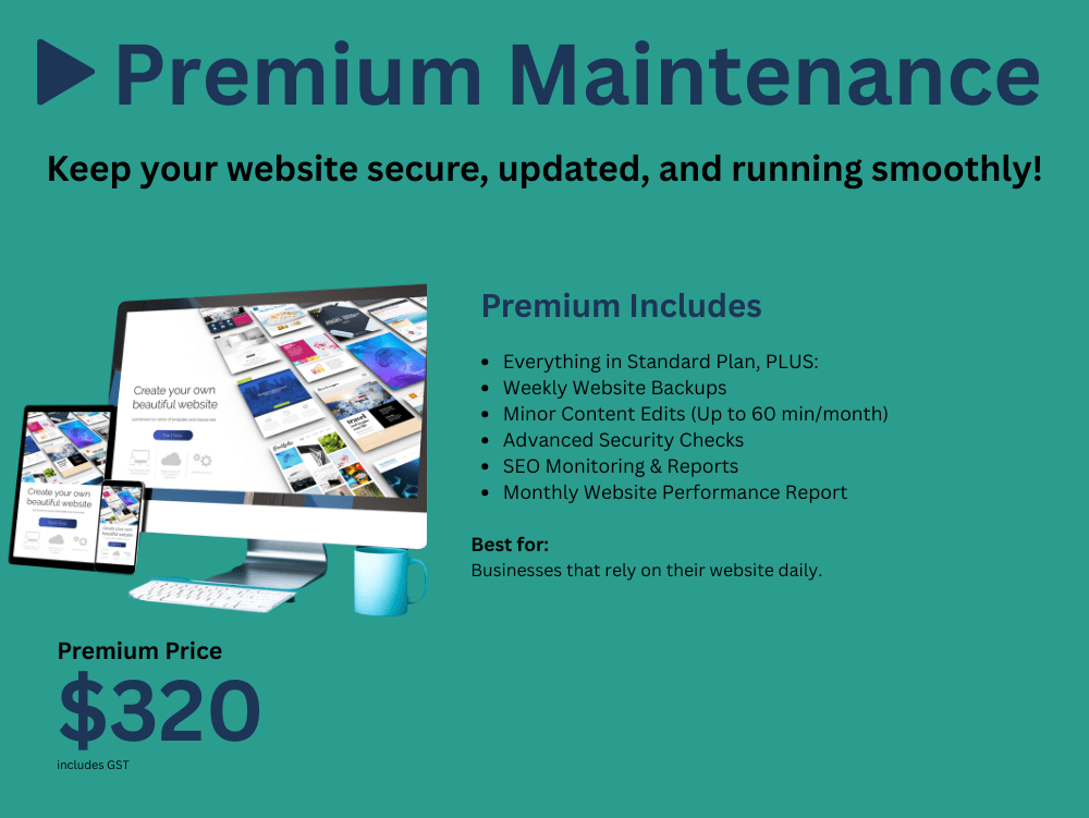 Promotional graphic for Brainiac Digital Marketing’s Premium Website Maintenance Plan – includes backups, content edits, security checks, and SEO monitoring for $320.