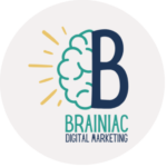 Brainiac Digital Marketing logo with stylised brain and sunburst in a circle