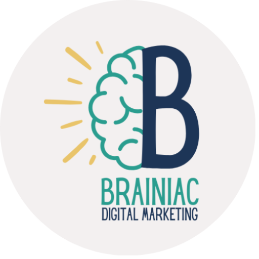 Brainiac Digital Marketing logo with stylised brain and sunburst in a circle