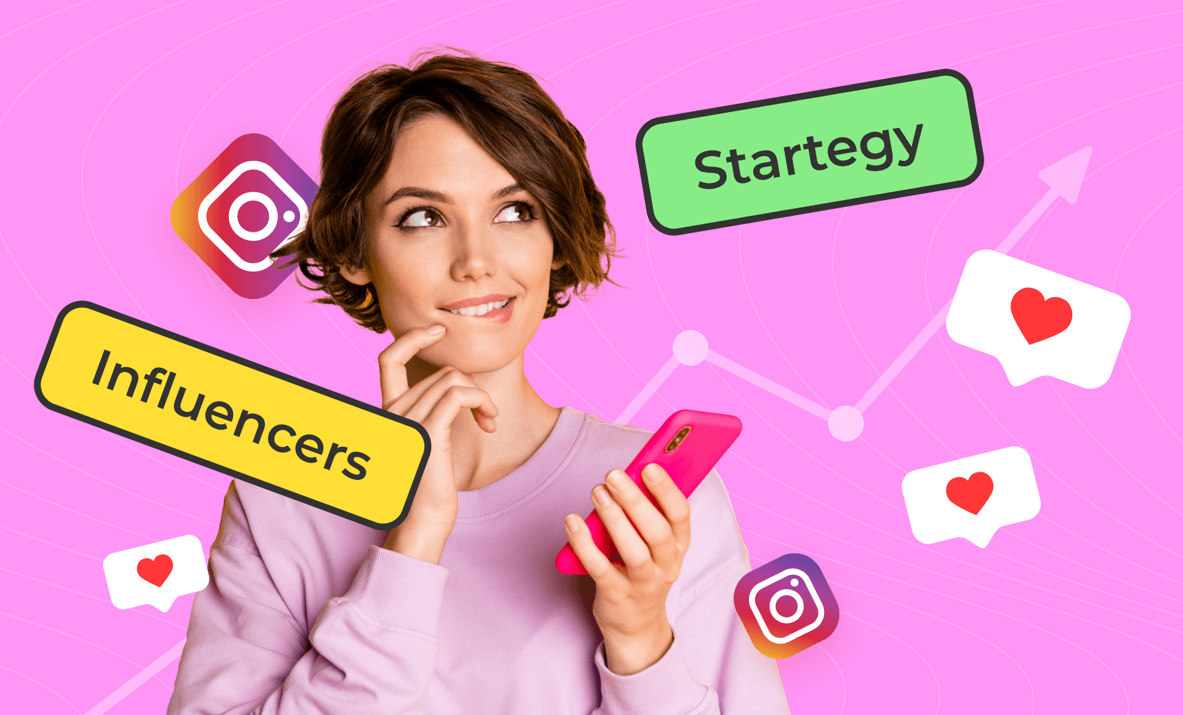 Young woman holding a smartphone surrounded by Instagram icons and influencer-related marketing terms on a vibrant pink background.