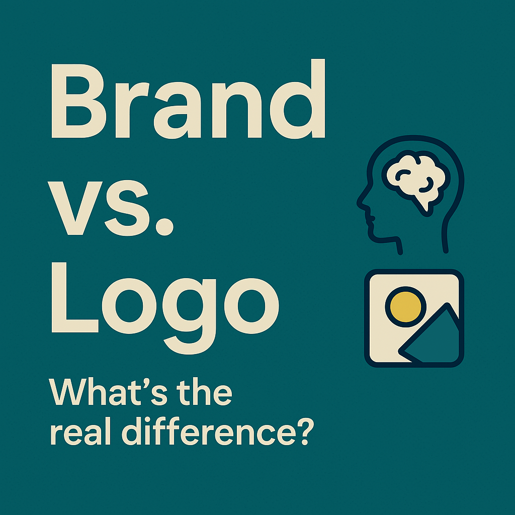 Minimalist graphic showing a brain inside a head silhouette and an icon, illustrating the difference between brand identity and logo design.