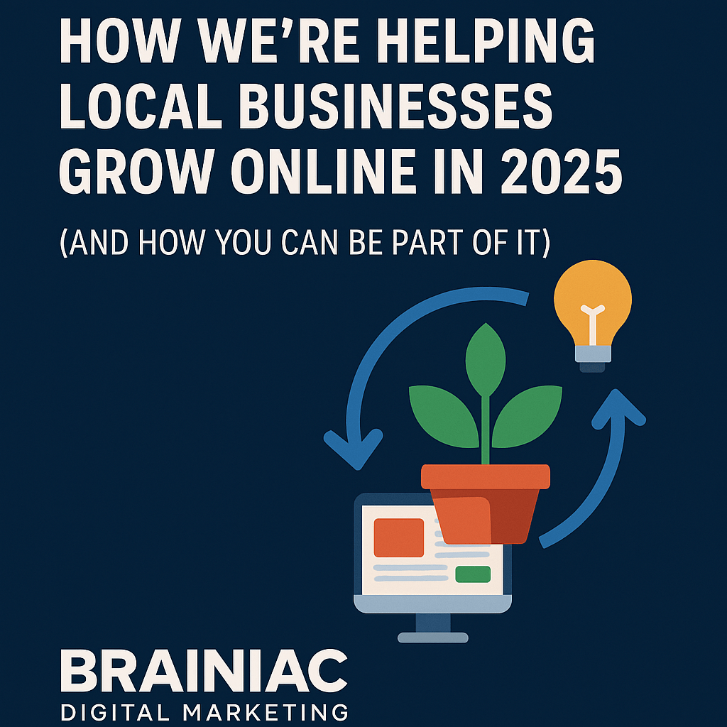 Illustration of a plant growing from a computer screen, surrounded by arrows and a light bulb, with headline text about helping local businesses grow online in 2025.