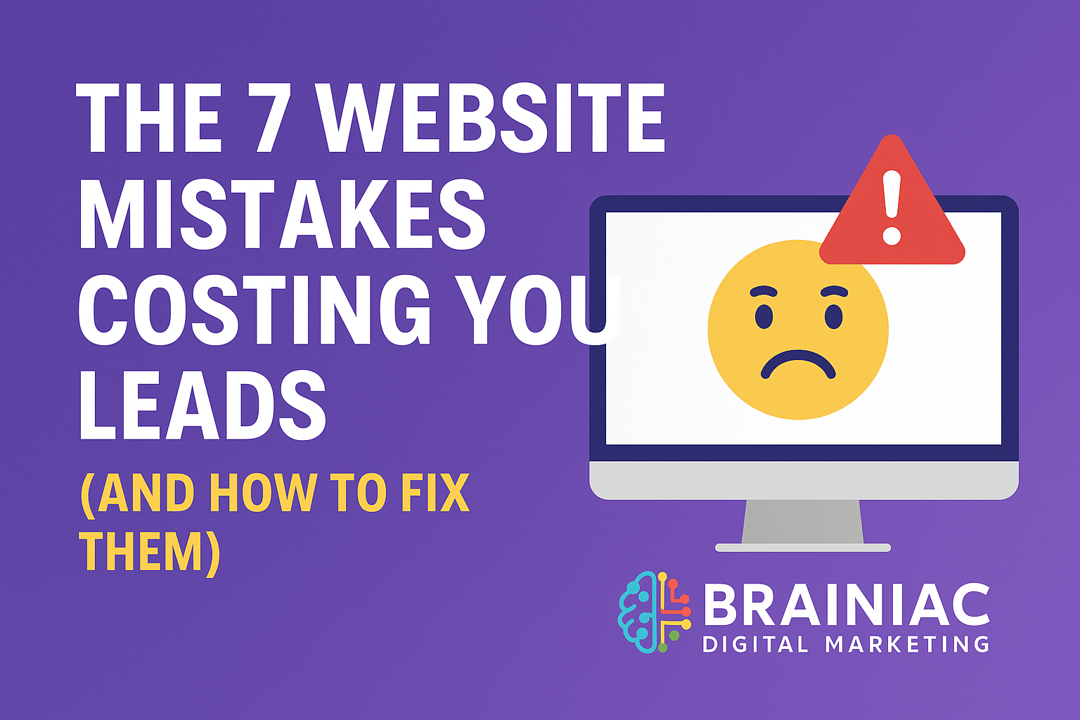 Purple digital marketing graphic with warning icon and text: “The 7 Website Mistakes Costing You Leads (And How to Fix Them)” next to a sad face on a computer screen.