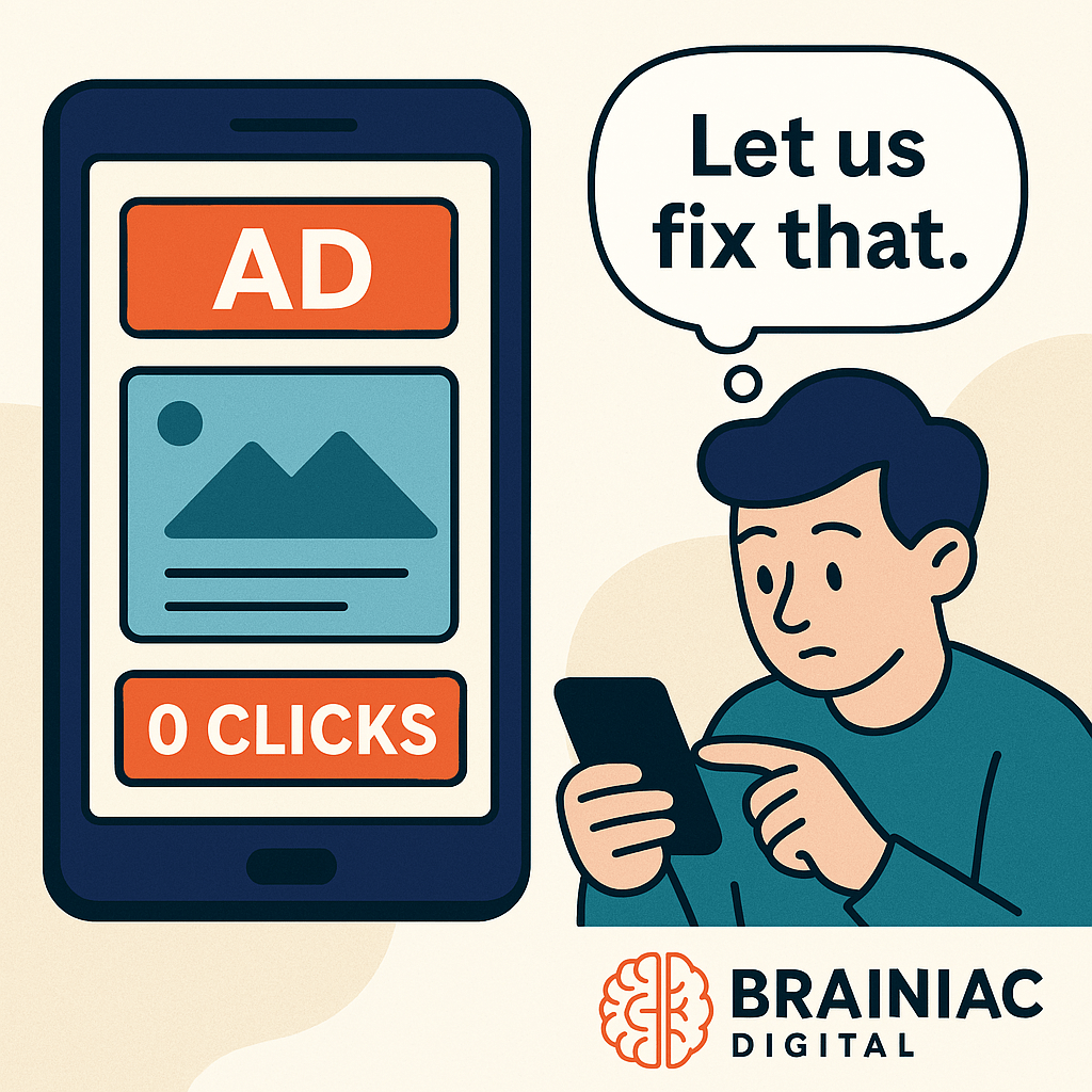 Illustration of a frustrated person looking at a smartphone showing an ad with “0 clicks.” Thought bubble reads: “Let us fix that.” Brainiac Digital branding appears below.