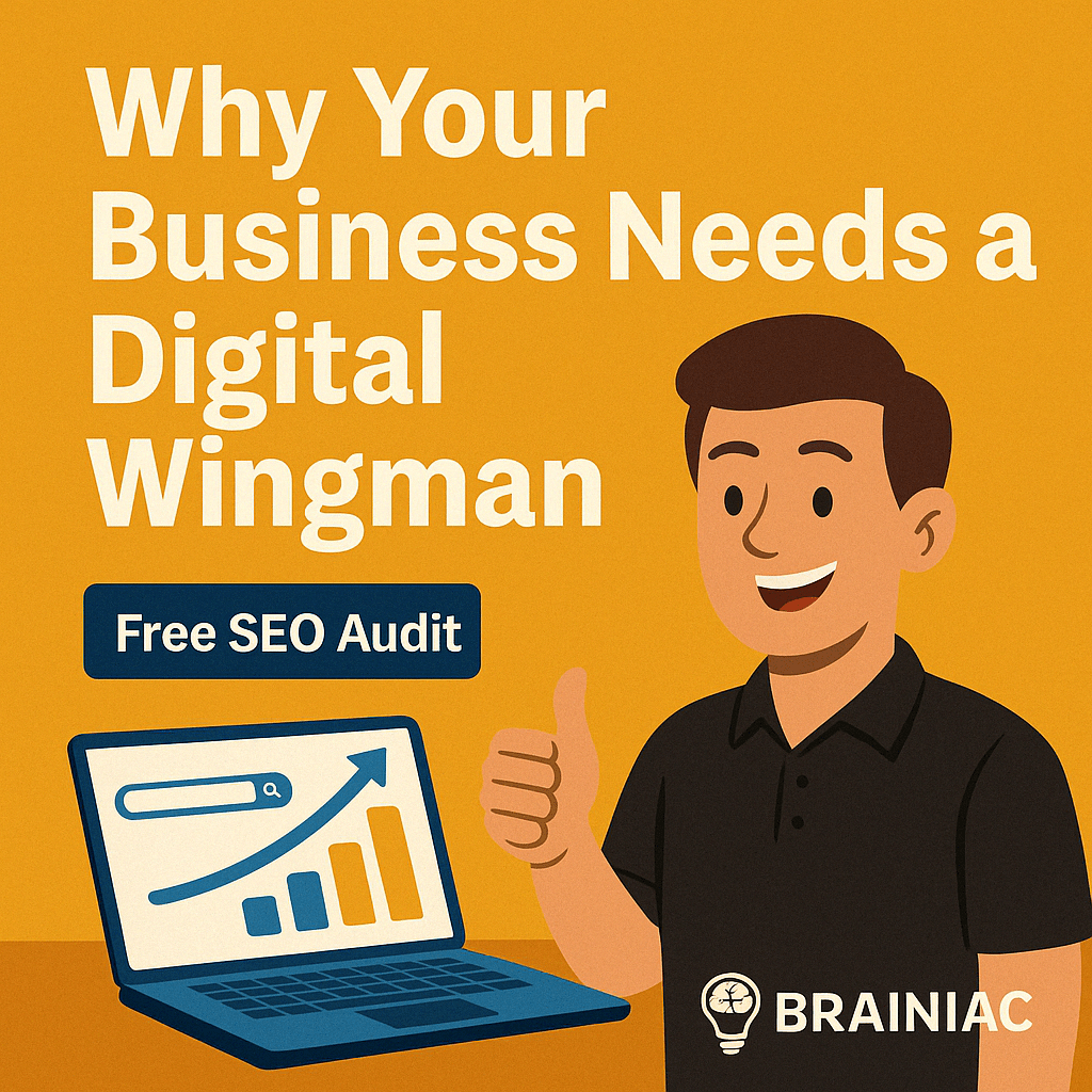 Illustrated promotional image featuring a smiling character giving a thumbs-up, a laptop with a rising graph, and the text: “Why Your Business Needs a Digital Wingman – Free SEO Audit.”