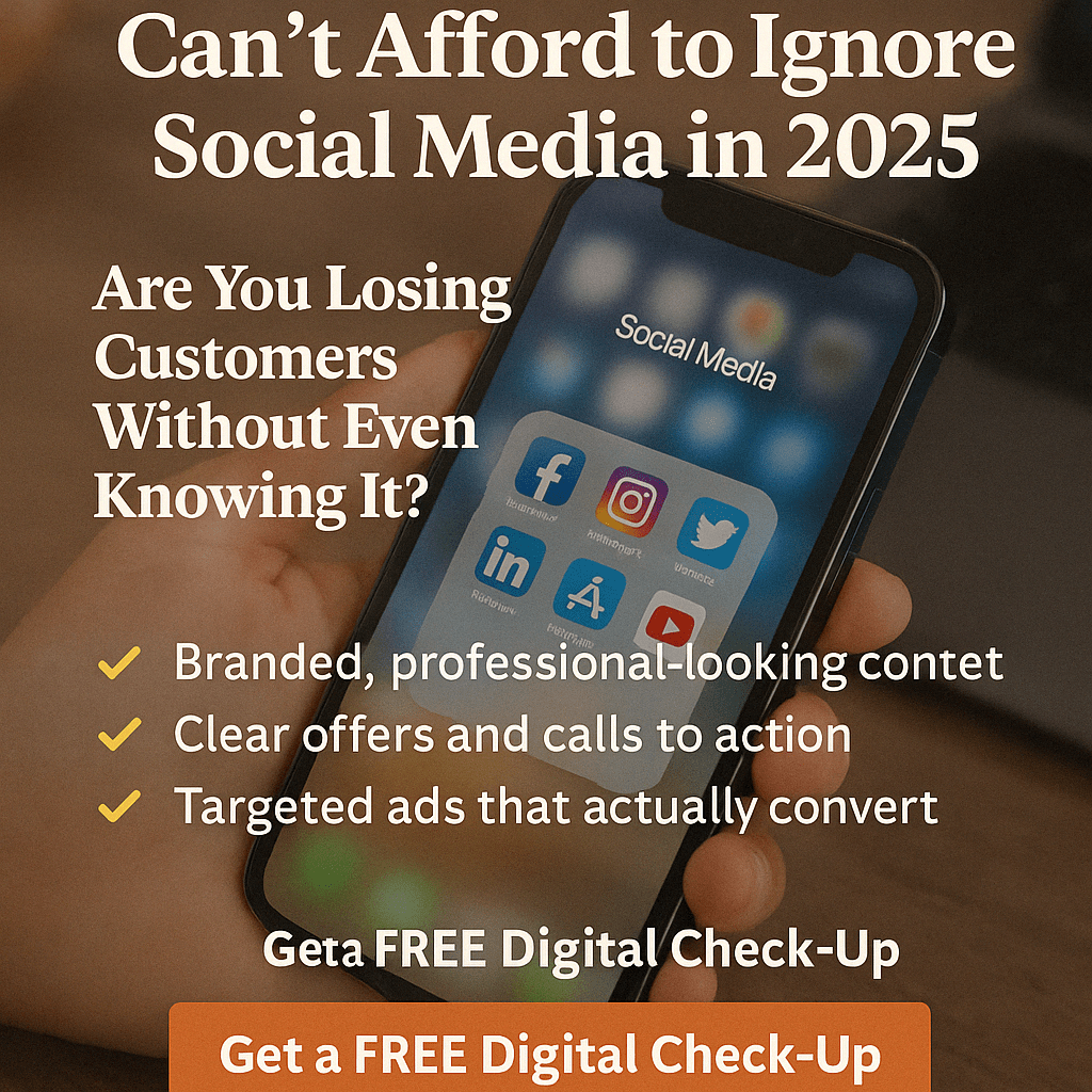 Promotional graphic showing a hand holding a smartphone with social media icons. Text overlay reads: “Can’t Afford to Ignore Social Media in 2025 – Get a FREE Digital Check-Up.”