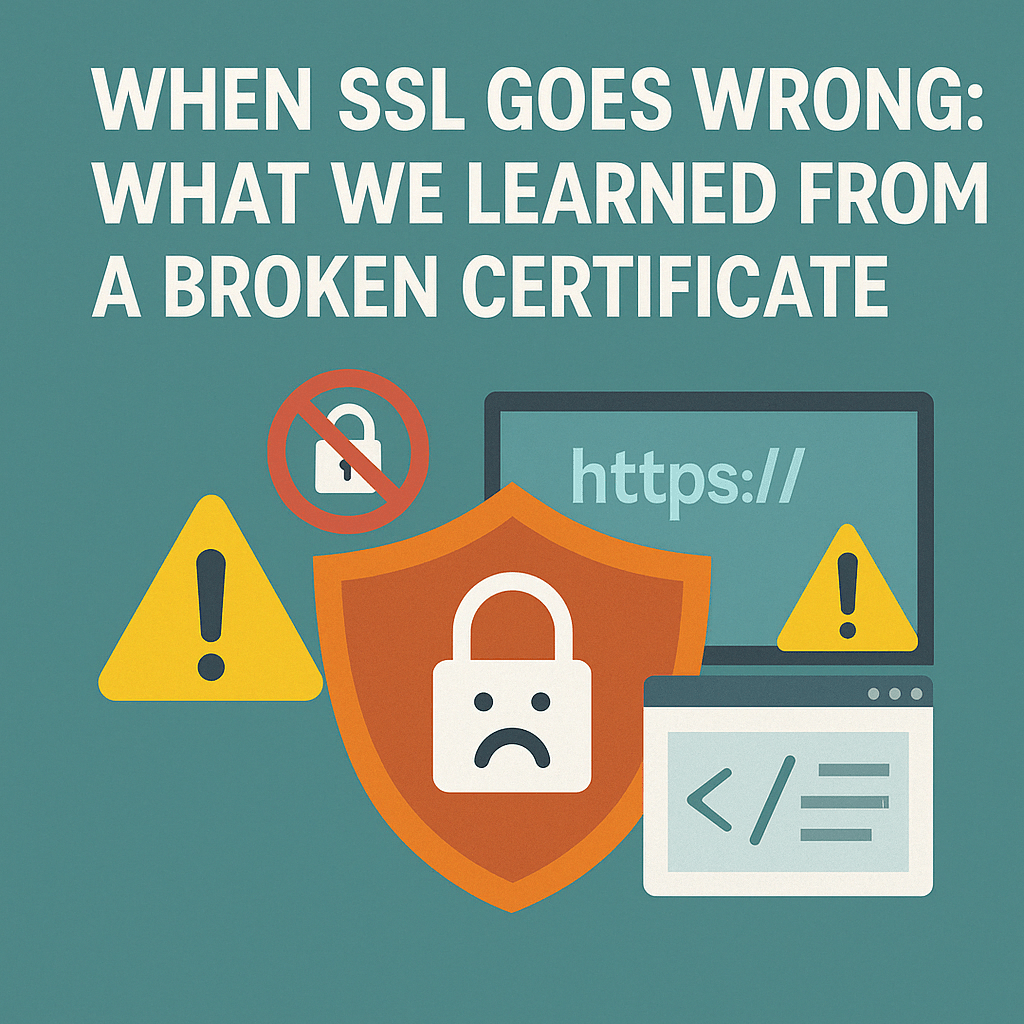 Graphic with green background showing browser error icons, a sad padlock, and the text: “When SSL Goes Wrong: What We Learned from a Broken Certificate.”