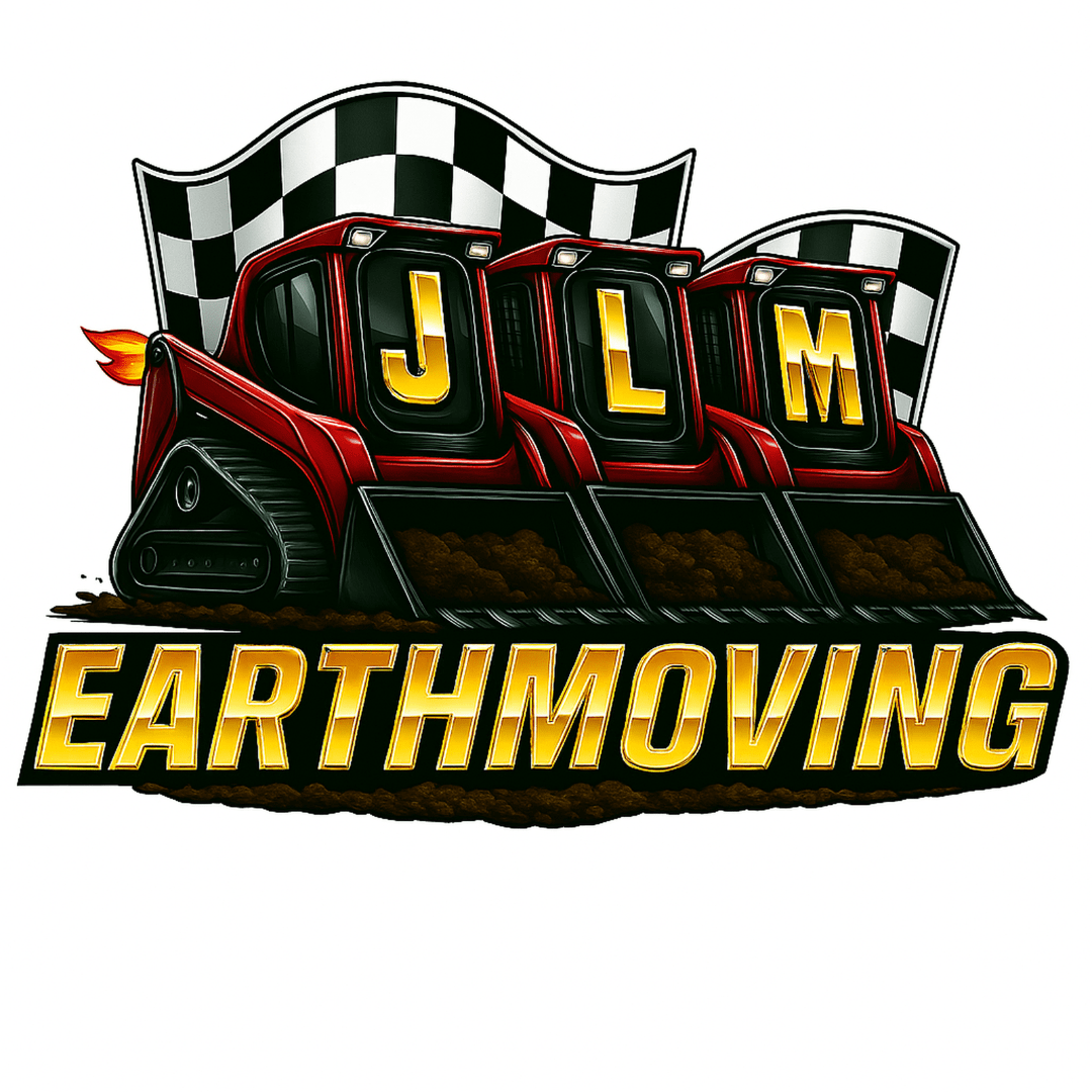 Logo for JLM Earthmoving featuring three red bulldozers with the letters “J”, “L”, and “M” on them, a black-and-white checkered flag, and bold yellow “Earthmoving” text with a dirt base.