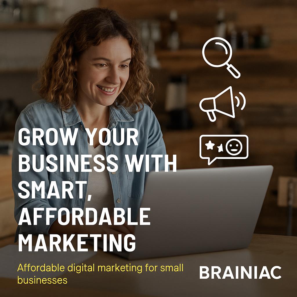 Business owner smiling at laptop in a small store, surrounded by marketing visuals and customer review icons. Text overlay reads “Grow your business with smart, affordable marketing.”