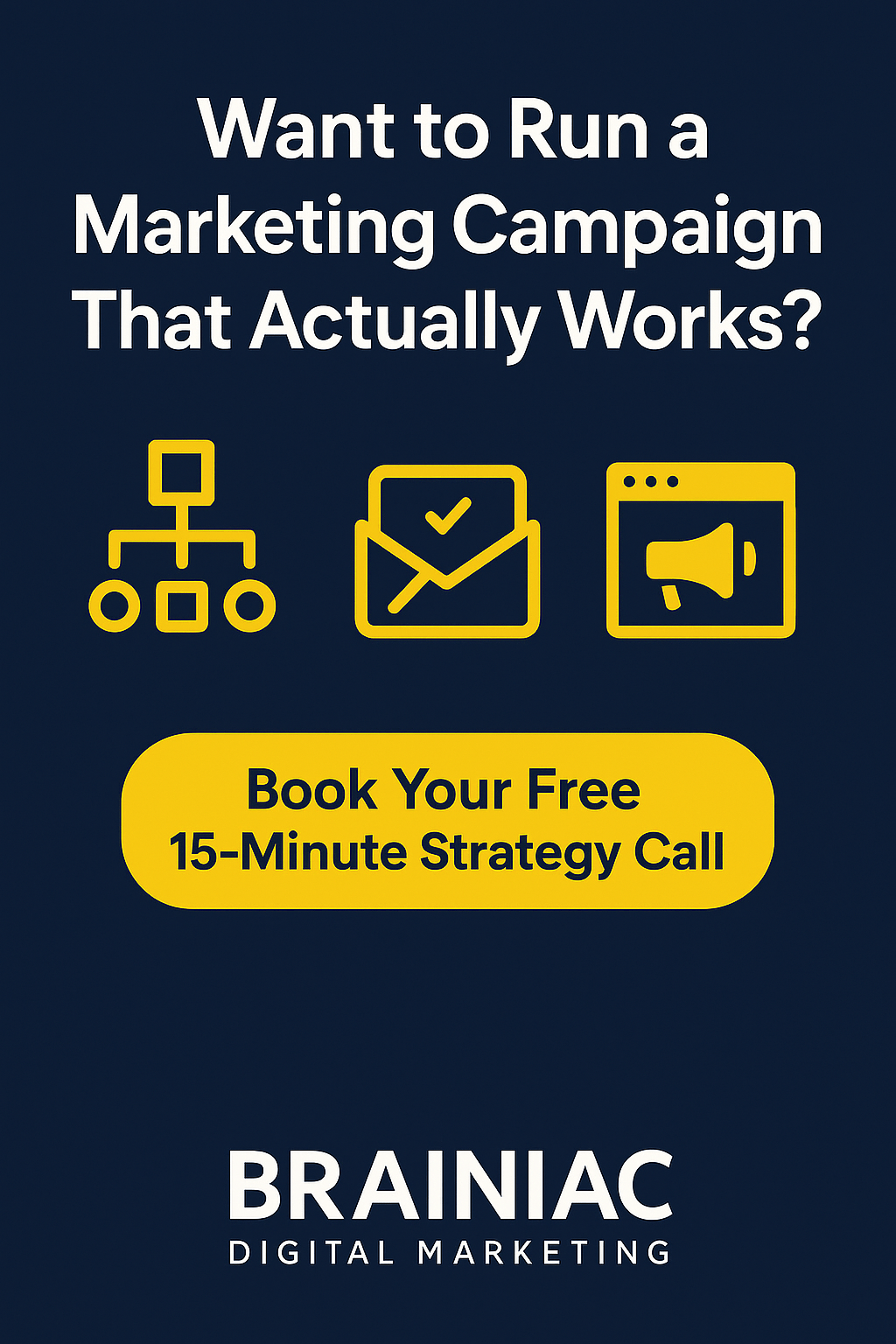 Promotional tile from Brainiac Digital Marketing with the headline “Want to Run a Marketing Campaign That Actually Works?” in bold white text on a navy background. Features yellow icons representing a flowchart, email marketing, and a megaphone, along with a bright yellow button that says “Book Your Free 15-Minute Strategy Call.