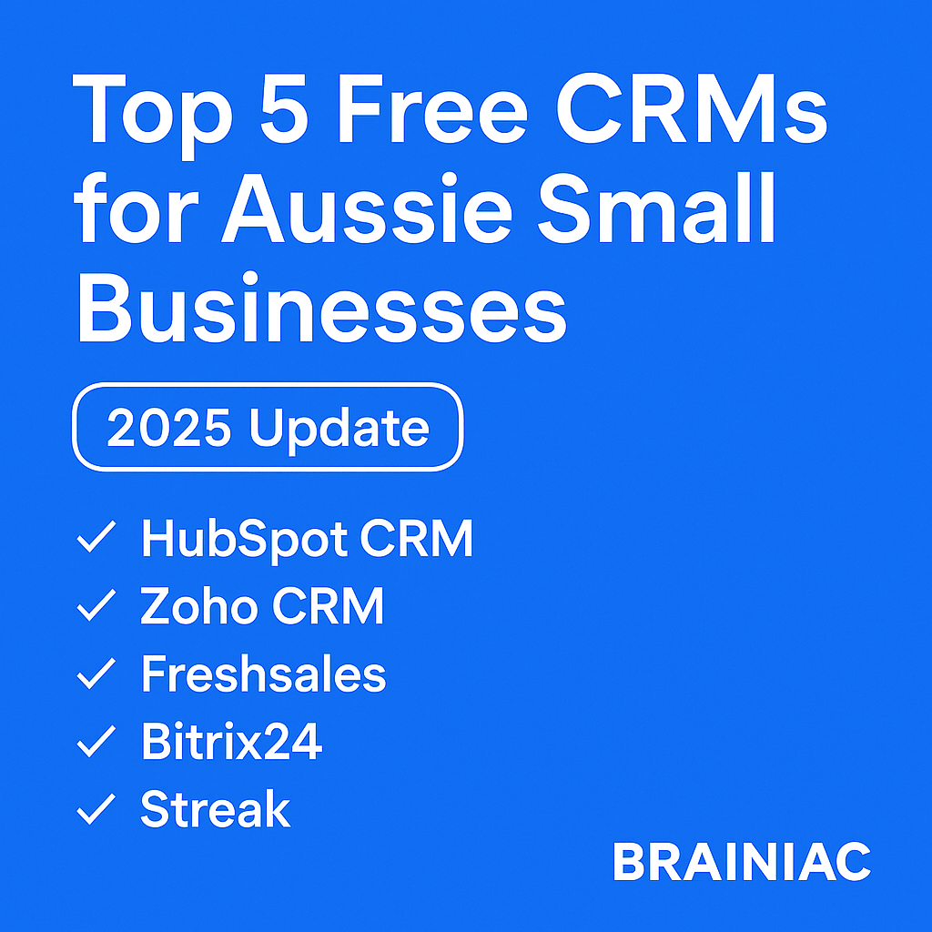 Graphic reading “Top 5 Free CRMs for Aussie Small Businesses – 2025 Update” with a clean, modern CRM-style layout.