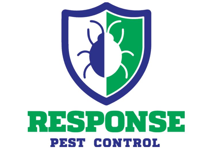 Response Pest Control logo featuring a blue and green shield with a white insect silhouette in the centre, and bold green and blue text beneath.