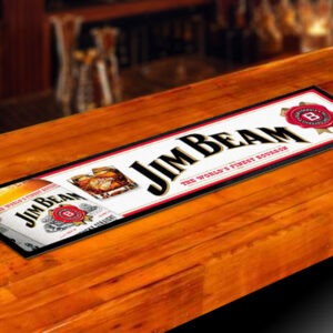 Custom Jim Beam branded bar runner on a polished wooden bar, showcasing a high-quality printed design in a pub setting.