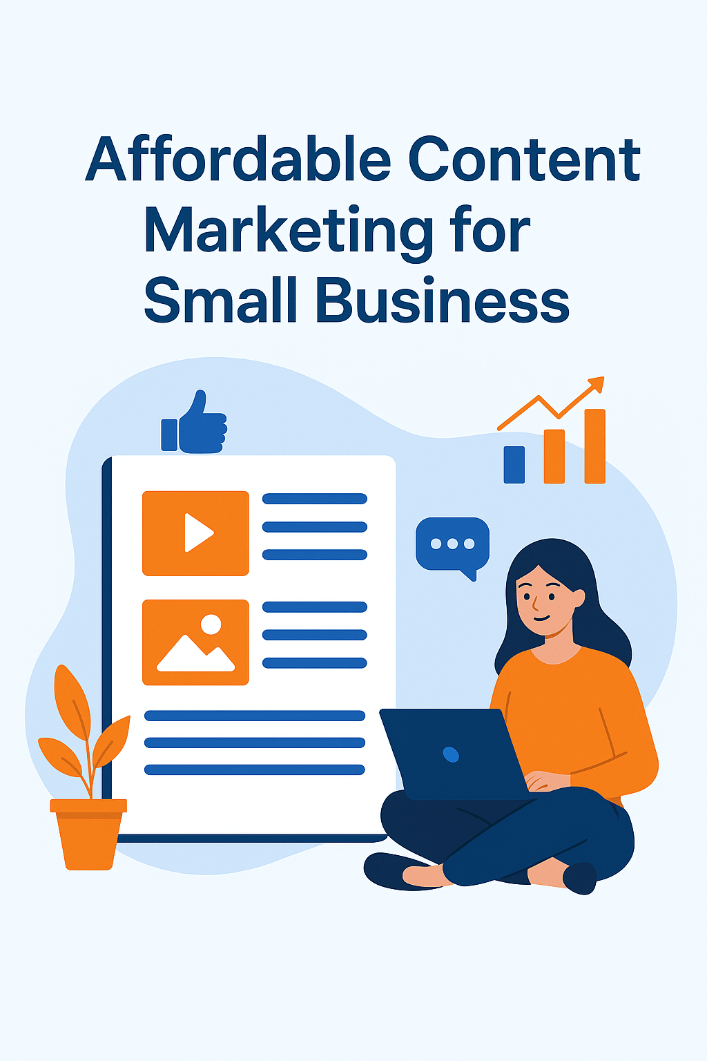 Flat-style digital illustration promoting affordable content marketing for small businesses, with visual elements like blogs, SEO, and social media content