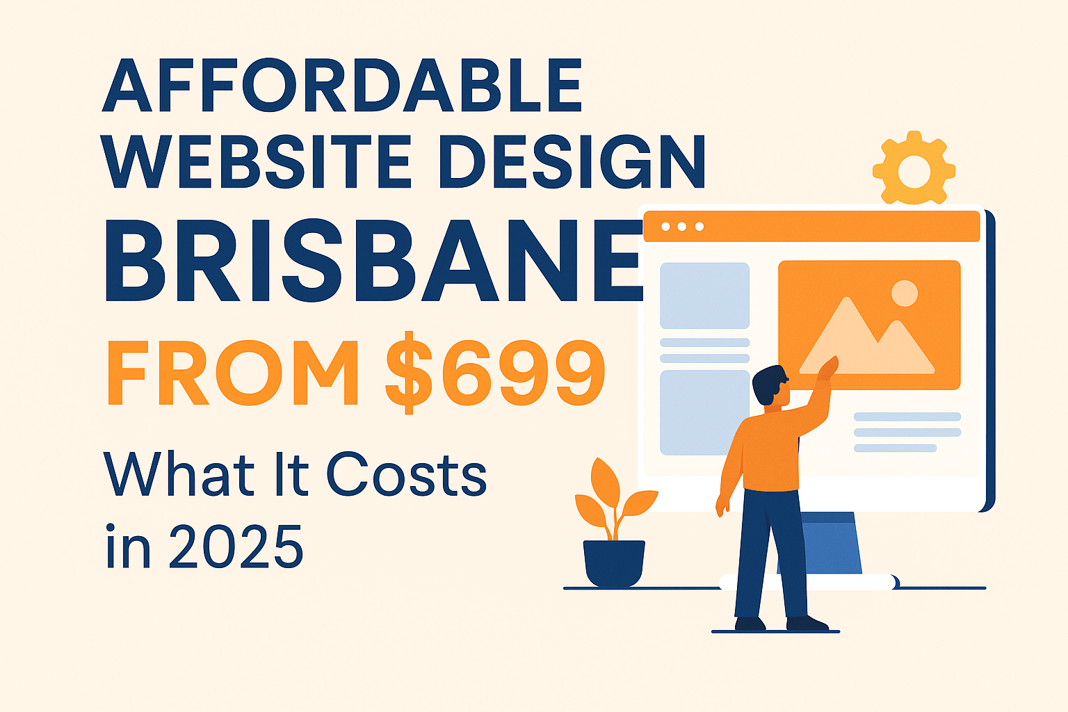 2D digital graphic promoting affordable website design services for Brisbane small businesses, featuring a computer screen, price tag, and mobile-friendly icons