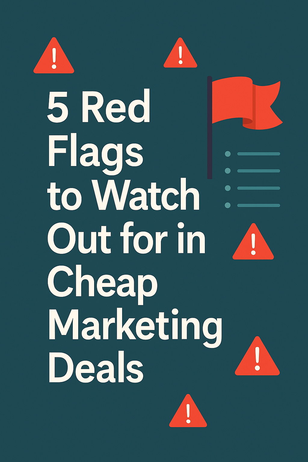 Flat design graphic with bold white text “5 Red Flags in Cheap Marketing Deals,” featuring red warning icons and a red flag on a dark teal background.
