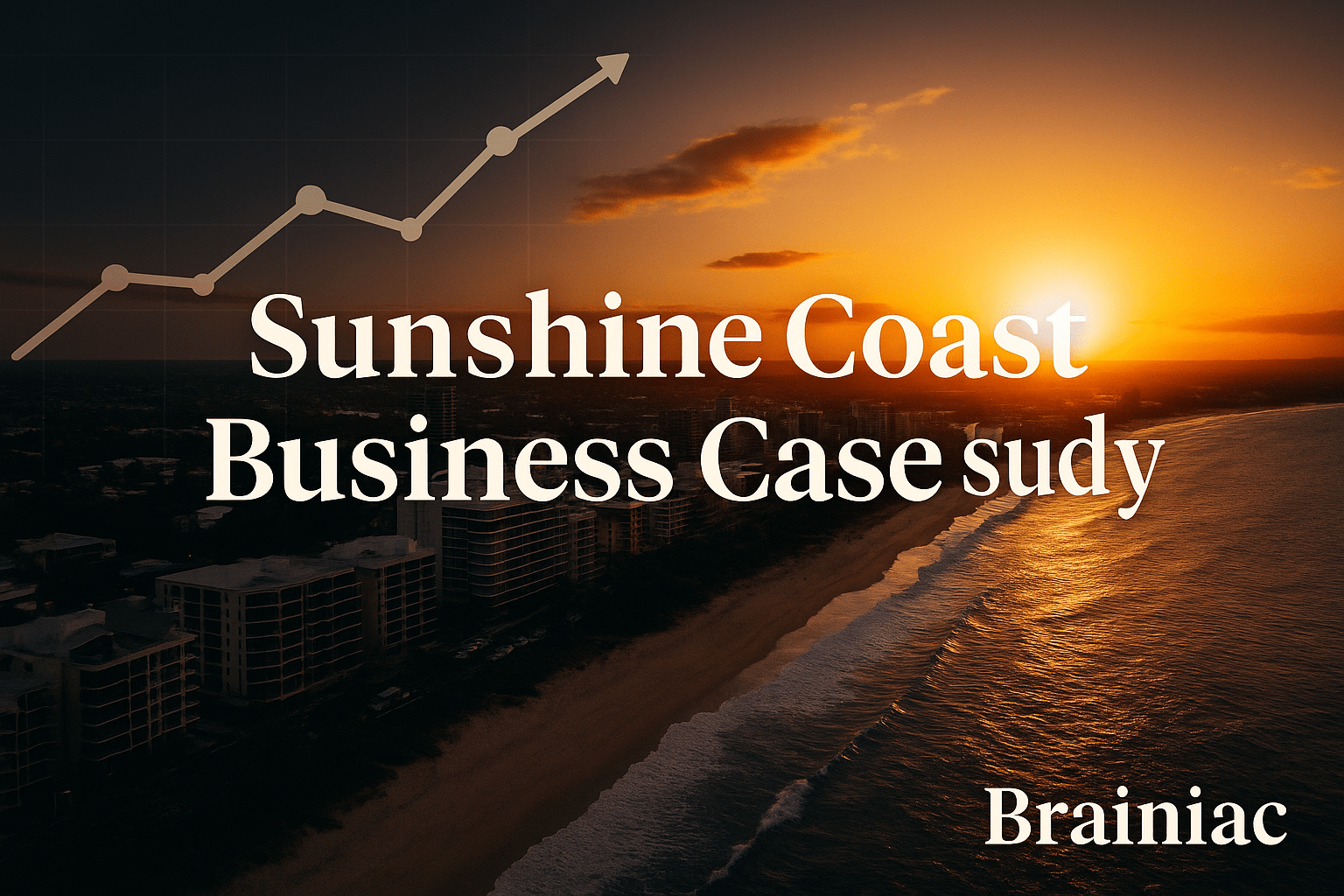 Sunset aerial view of the Sunshine Coast with a growth chart overlay and bold text reading “Sunshine Coast Business Case Study” and “Brainiac.”