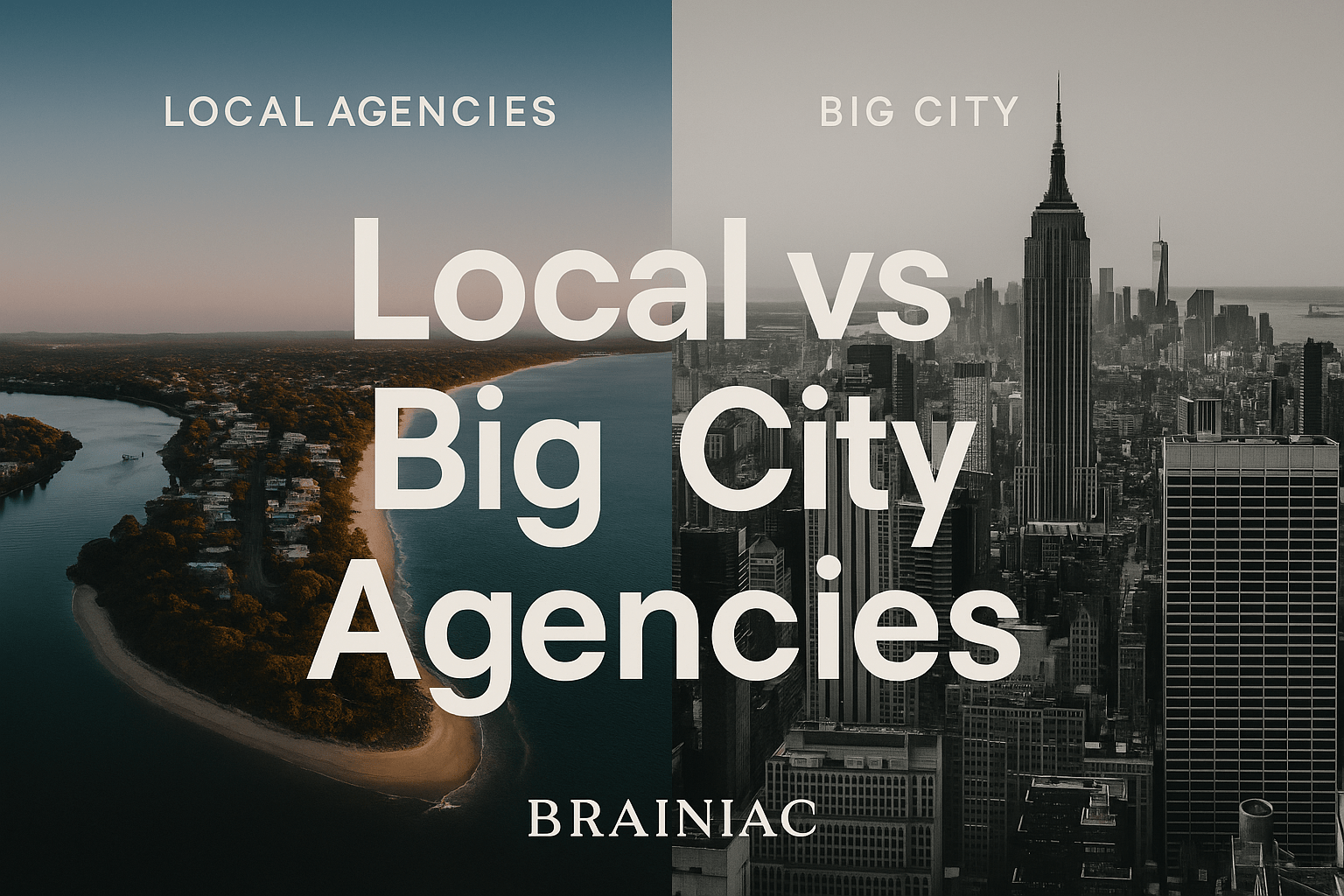 Split image showing Sunshine Coast on one side and a big city skyline on the other, with text reading “Local vs Big City Agencies – Brainiac.”