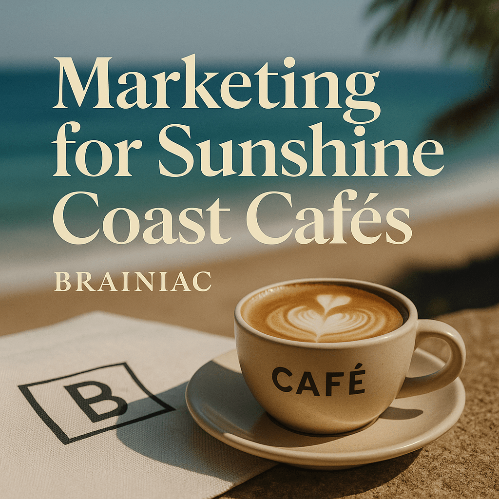 A cup of cappuccino on a café table with the beach in the background, overlaid with text “Marketing for Sunshine Coast Cafés – Brainiac