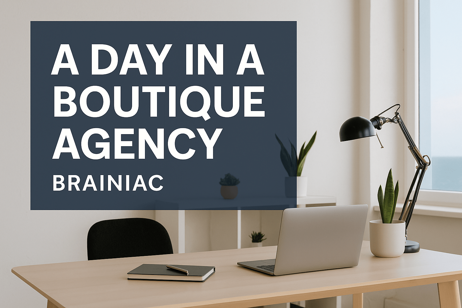 Minimalist office with a laptop, notebook, and indoor plants by a window, overlaid with the text “A Day in a Boutique Agency – Brainiac.