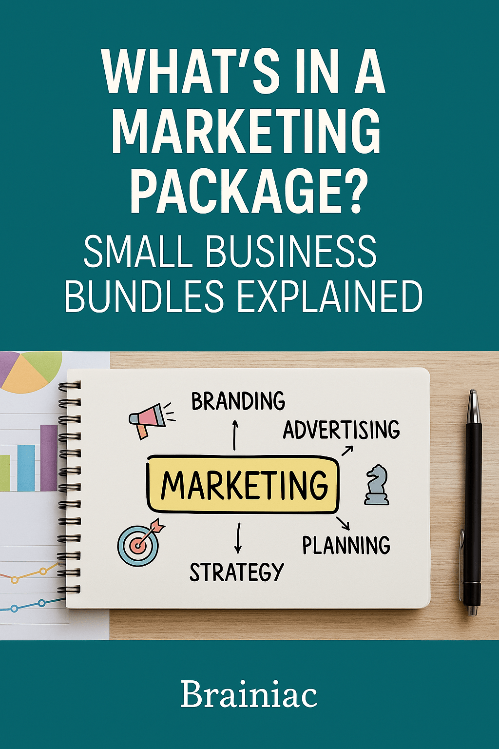 Blog graphic for “What’s in a Marketing Package?” by Brainiac Digital Marketing, designed for small business owners exploring bundled marketing services