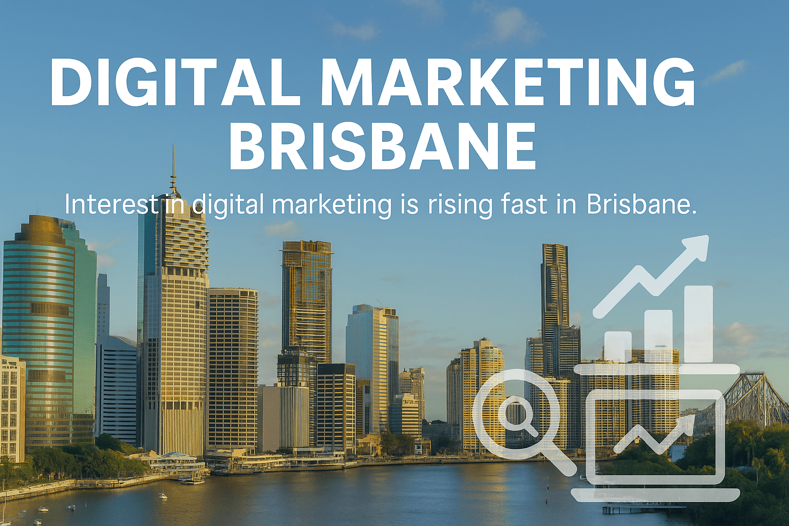 Brisbane skyline with digital marketing icons and trend headline