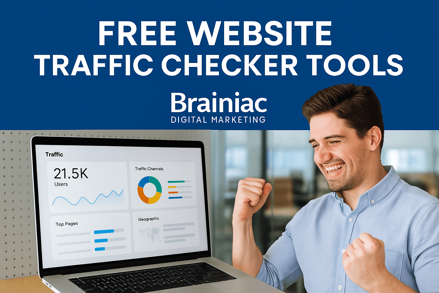 Happy man celebrating website traffic growth beside a laptop showing free analytics tools – Brainiac Digital Marketing promotional image