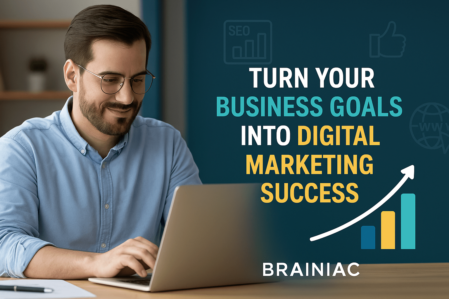 Business owner setting goals with digital marketing growth chart overlay