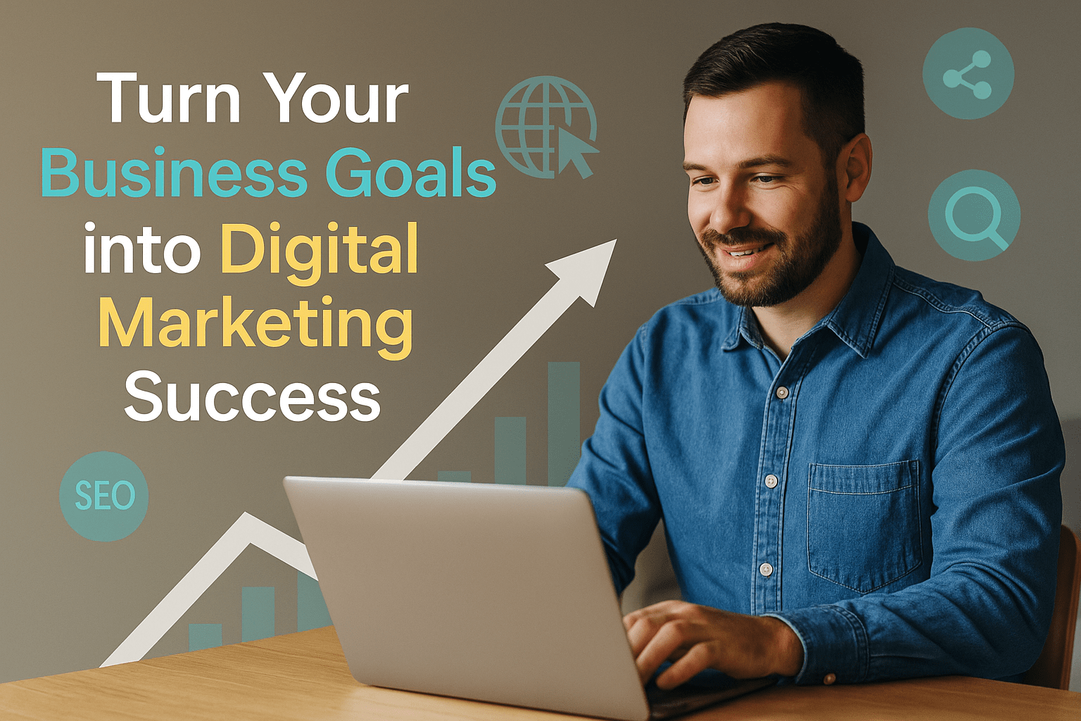 Small business owner using a laptop with digital growth icons and text about turning goals into marketing success.