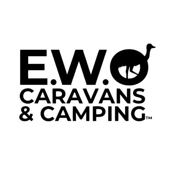 EWO Caravans and Camping logo featuring emu silhouette inside the letter O