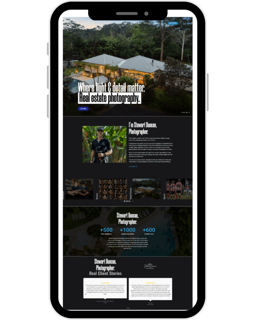 Stewart Duncan Photography website homepage displayed on a mobile phone showing real estate photography, photographer profile, portfolio galleries, and client reviews.