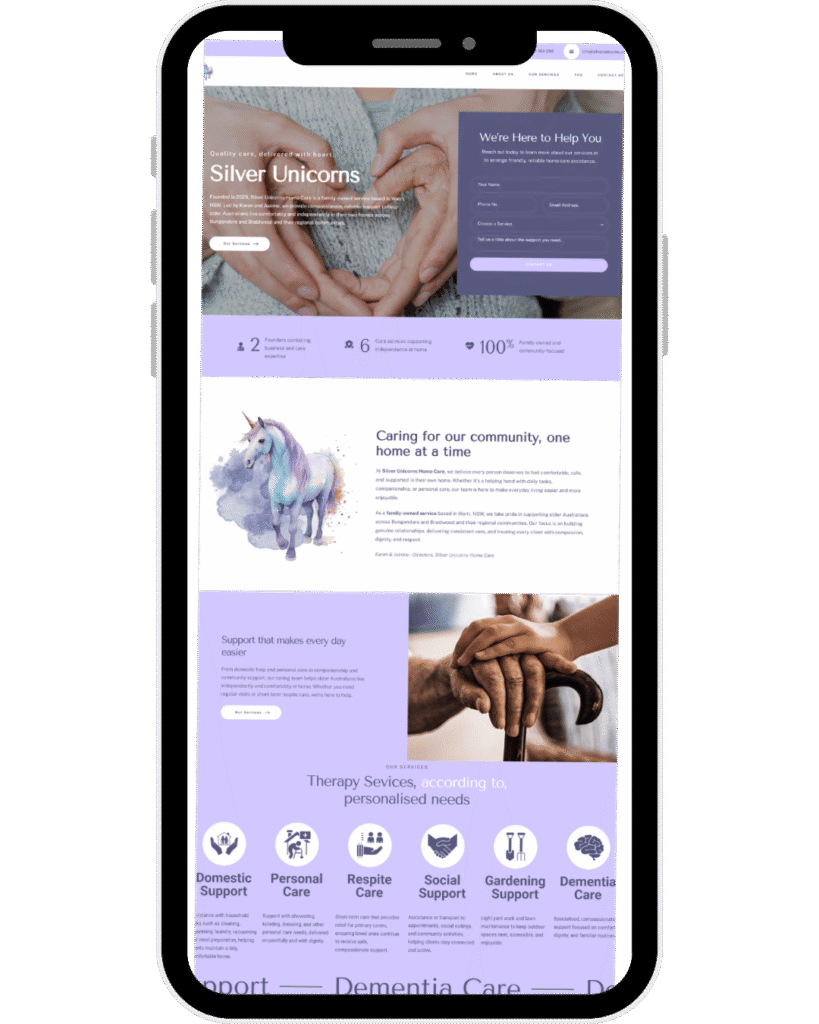 Silver Unicorns home care website design showing unicorn illustration and content about supporting independence and improving quality of life for older Australians.