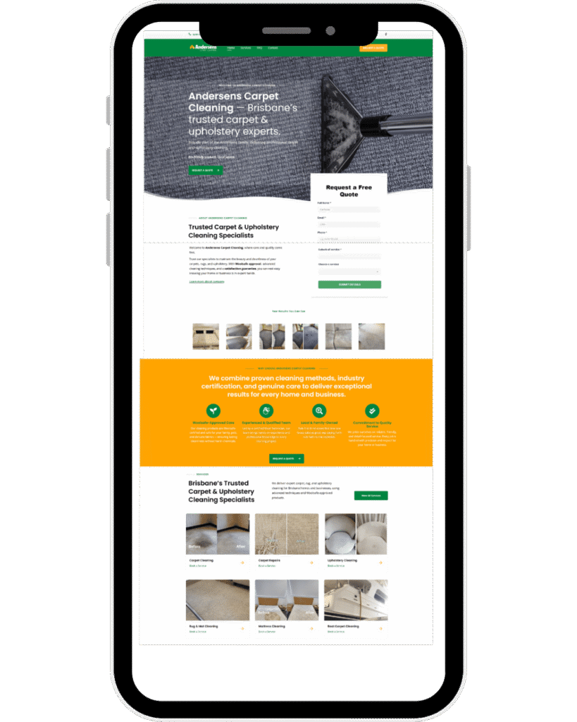 Andersens Carpet Cleaning Brisbane website homepage displayed on a mobile phone showing carpet and upholstery cleaning services and quote request form.