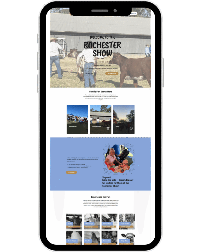 Rochester Show website homepage displayed on a mobile phone showing event information, attractions, competitions, rides, and family activities.