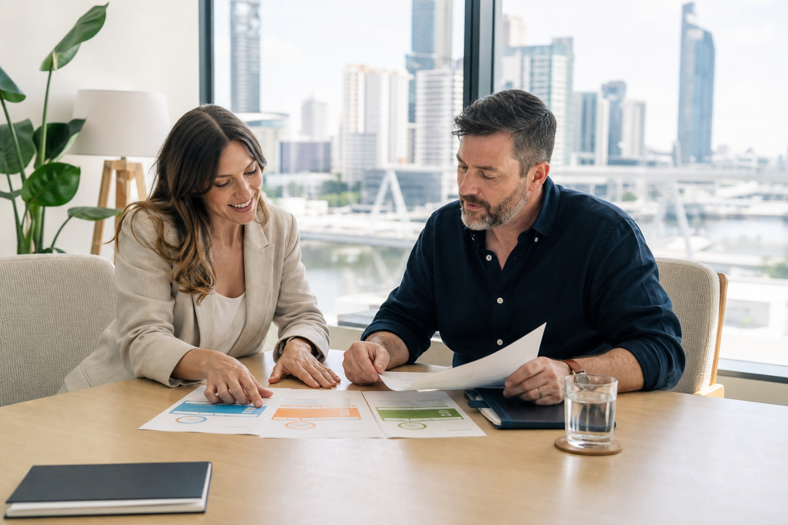 Brisbane business owner comparing SEO consultant and agency proposals with a digital marketing professional