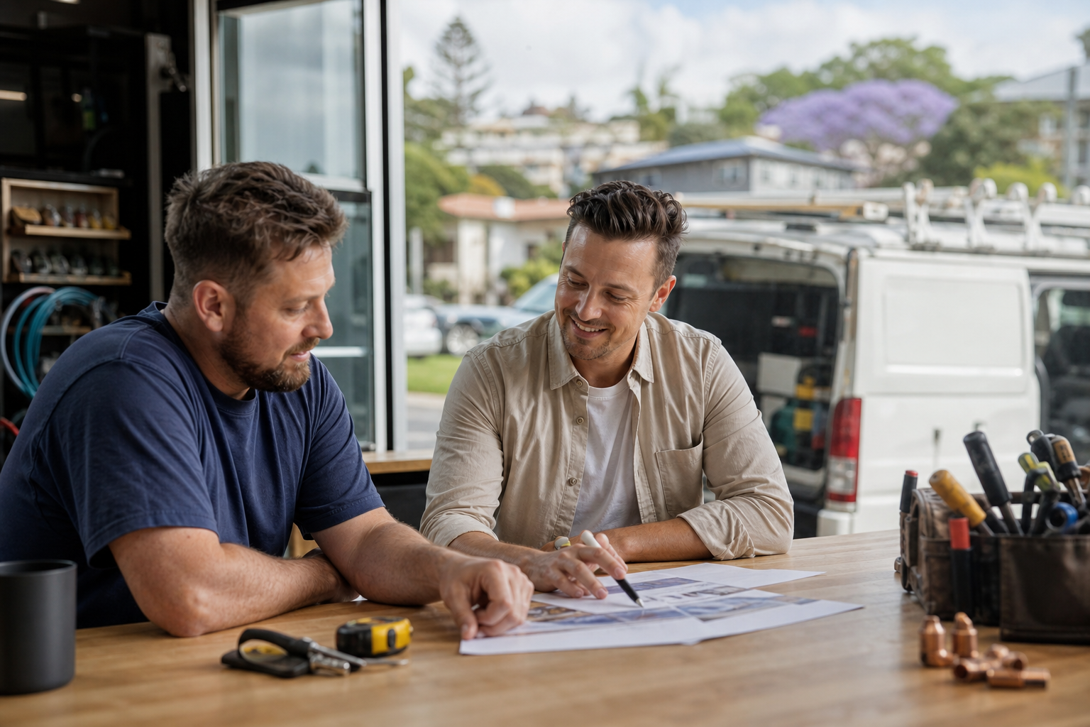 Brisbane trade business owner discussing Google Business Profile optimisation with a marketing consultant