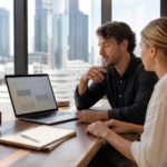 Brisbane startup founder comparing website design options with a web designer