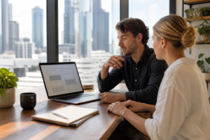 Brisbane startup founder comparing website design options with a web designer