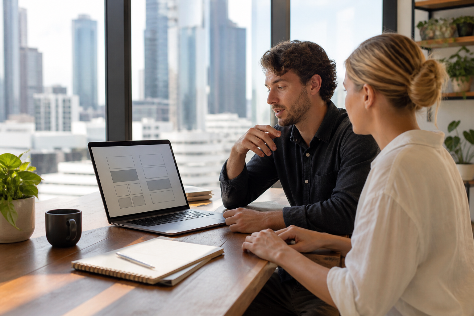 Brisbane startup founder comparing website design options with a web designer